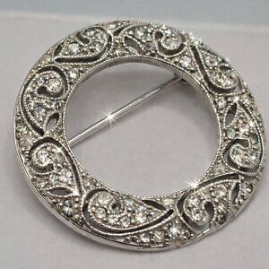 Silver Filigree Rhinestone Round Brooch Elegant Vintage Art Deco